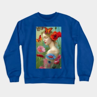 Dreamy Surreal Girl with Pretty Flowers and Poppies Crewneck Sweatshirt